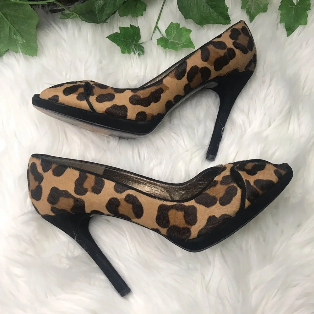 Stuart Weitzman Leopard Calf Hair Peep Toe Pumps size 10